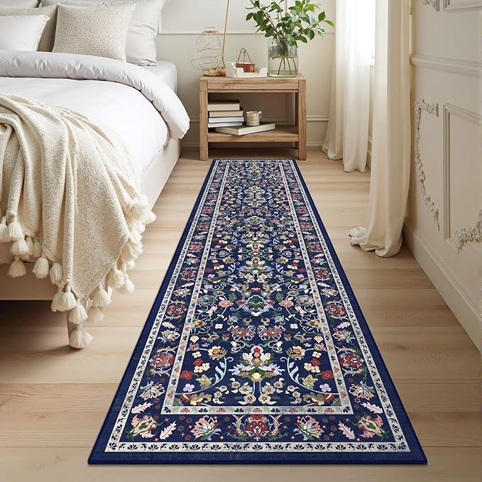LOKHOM Washable Runner Rug, 2x8 Non-Slip Vintage Hallway Runner Rug with Rubber Backing, Boho Floral Soft Faux Wool Kitchen Rug Carpet Runner for Laundry Entryway Bedroom (Vibrant Blue)