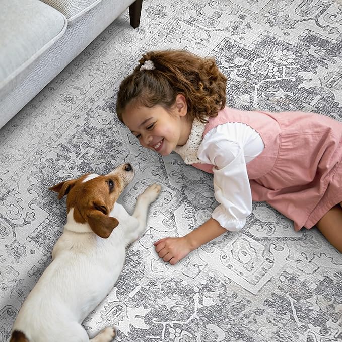 GENIMO Runner Rug for Hallways Machine Washable, 2x10 Non Slip Boho Vintage Lightweight Washable Runners, Thin Floor Rugs for Entryway Hallway Bathroom Laundry Room Corridor, Gray White