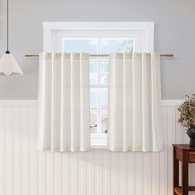Nanspring Cream Linen Textured Curtains 45 Inch Length Light Filtering Semi Sheer Short Curtains Back Tab Rod Pocket Boho Kitchen Tier Window Curtain for Bathroom Camper 36x45,2 Panels