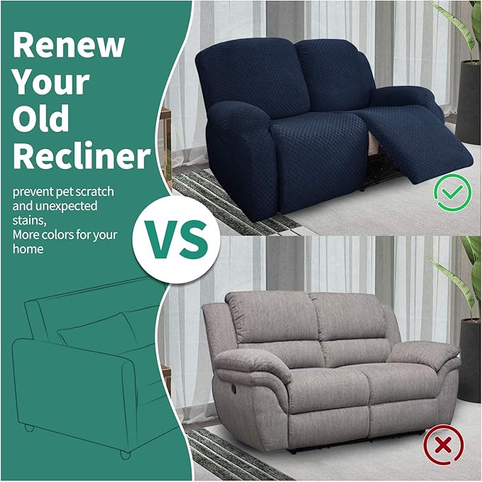 YEMYHOM 6 Pieces Stretch Loveseat Recliner Slipcover Jacquard Recliner Sofa Cover with Side Pocket Fitted Recliner Cover Couch Furniture Protector with Elastic Bottom (Loveseat Recliner, Navy)