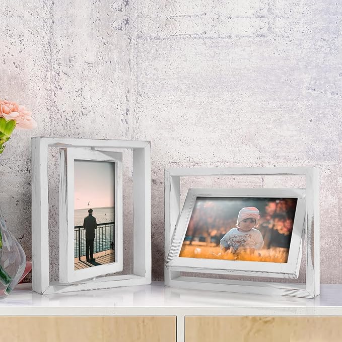 Egofine 2 Pack 6x8 Rotating Floating Picture Frames,Double-Sided Display with HD Glass Front Wooden Distressed Frame for Vertical or Horizontal Tabletop Display, White