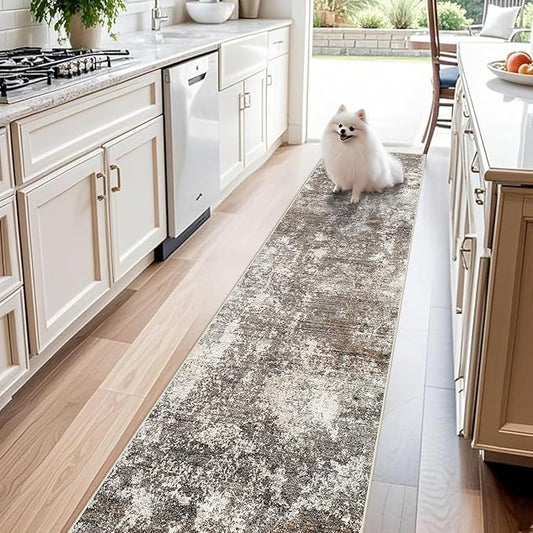 2x12 ft Washable Hallway Runner Rug – Non-Slip Stain-Resistant Low-Pile Long Carpet Runner for Kitchen Entryway Living Room Bedroom Bathroom, Modern Abstract Neutral (Brown Beige,2x12)