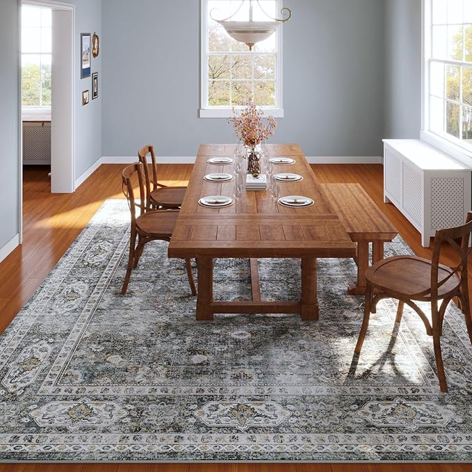 Rugcomf 8x10 Rug Washable Boho Soft Large Area Rug Non-Slip Faux Wool Vintage Rug for Living Room, Farmhouse, Dining Room, Indoor, Kids Playroom (Grey)