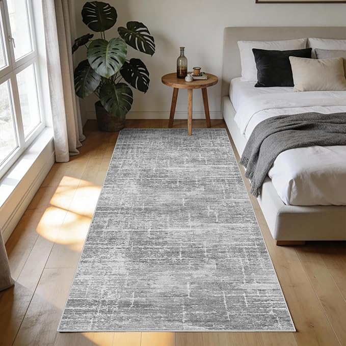3x6 Washable Kitchen Runner Rug - Modern Abstract Neutral Carpet with Non-Slip Backing Low-Pile Stain-Resistant Thin Runners for Hallway Bathroom Bedroom Entryway (3x6, Gray)