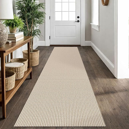 IOHOUZE Washable Runner Rug 2x10 Non Slip Rubber Backed Long Hallway Runner Entryway Runner Indoor, Kitchen Rugs Woven Cotton Floor Carpet for Hall Entrance, Beige/Khaki
