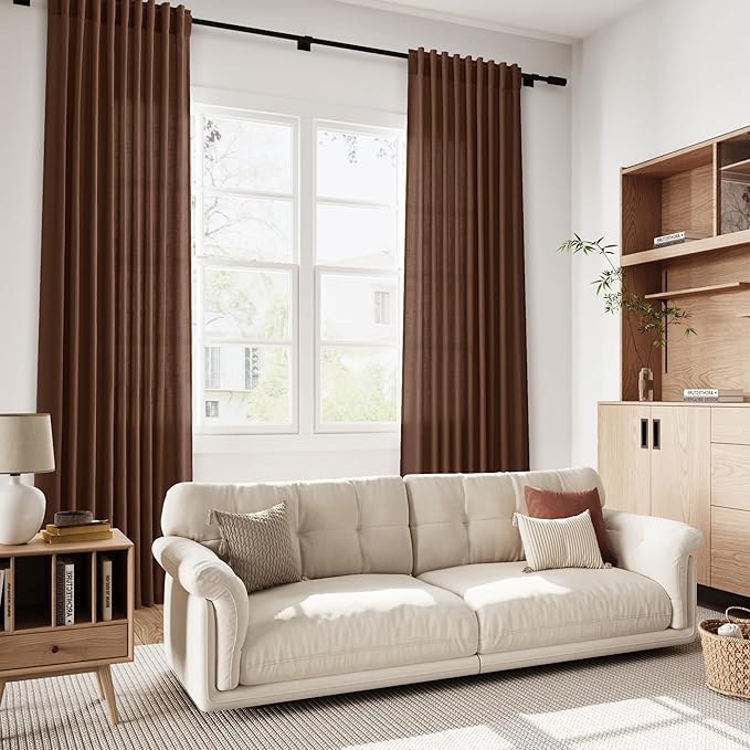 Extra Long Mocha Brown Linen Curtains 120 Inch for Living Room Rod Pocket Back Tab Light Filtering Semi Sheer Drapes Privacy High Ceiling Drapes for Vintage Rustic Farmhouse 52x120,2 Panels