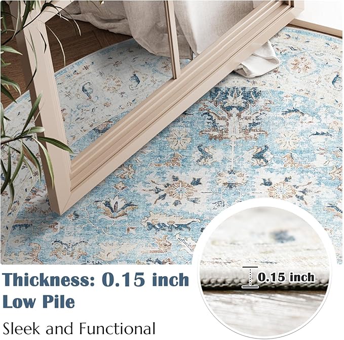 jinchan Round Rug 5ft Area Rug - Washable Boho Vintage Floral Circle 5' Round Floor Cover Lightweight Low Pile Thin Throw Non-Slip Carpet for Kitchen Living Room Bedroom Dining Room Office Light Blue