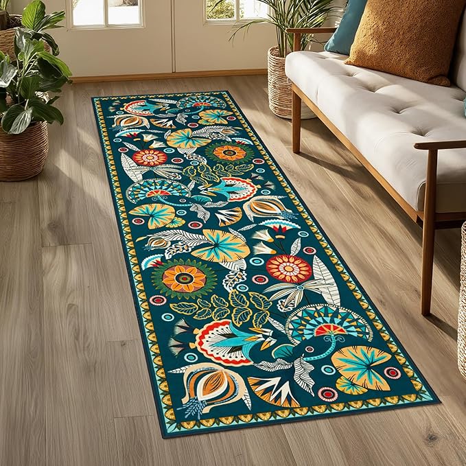 Joydeco Egypt Floral Boho 2x6 Runner Rug for Hallway Entrance, Dark Green Bathroom Kitchen Rug Runner Non Slip Washable, Vintage Ultra-Thin Carpet for Entryway Laundry Room Bed Beside