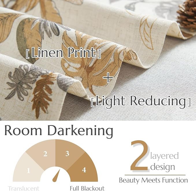 jinchan Linen Valance Double Layer Kitchen Window Curtain Yellow Leaf on Beige Valance for Living Room Cafe Farmhouse Light Filtering Rustic French Country Curtain 18 Inch Rod Pocket 1 Panel