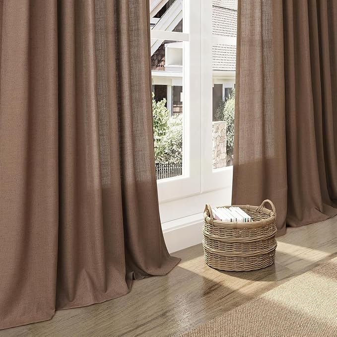 Caramel Brown Linen Curtains for Living Room Extra Long 126 Inches Long Back Tab Light Filtering Semi Sheer Curtain Vintage Rustic Decor Floor to Ceiling High Window for Bedroom 52x126, 2 Panels