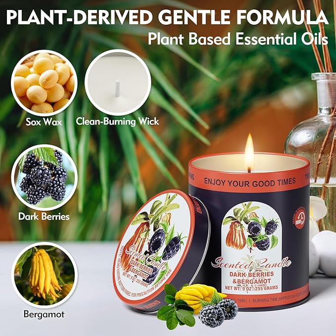 2 Pack Scented Candles (90 Total Burn Hours) - Soy Wax Candles 9 oz Each in Tin - Long Lasting Aromatherapy Candle Gift Set (Dark Berries Bergamot)