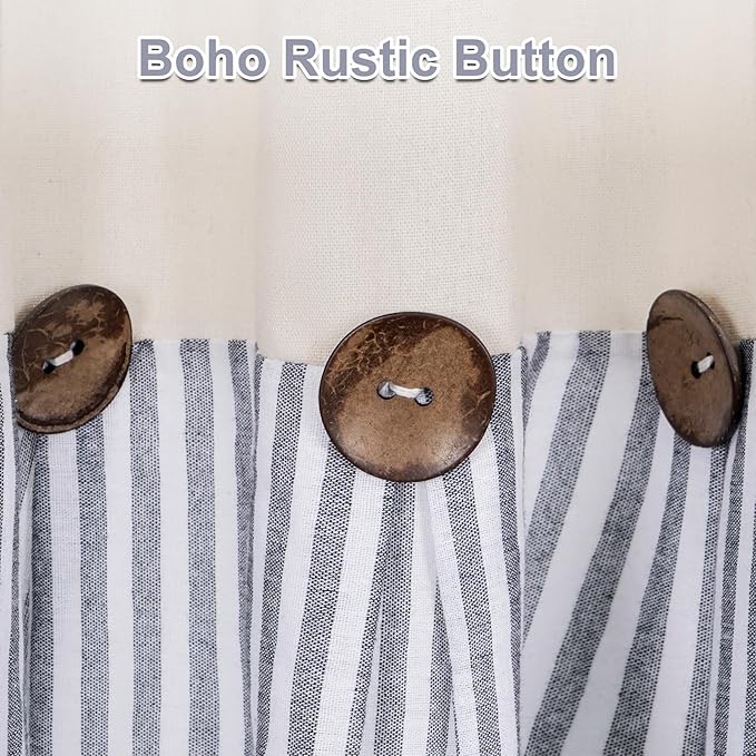 ASPMIZ Cotton Linen Kitchen Curtains Valance, Boho Rustic Button Valances for Windows Farmhouse Style, Blue Stripe Window Valances for Bathroom Cafe, Tie Up Valance for Kitchen Windows, 60 x 14 Inch