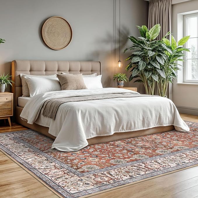 KUTA Vintage 8x10 Area Rugs for Living Room, Red Clay Washable Large Rug for Bedroom 8ft x 10ft Non-Slip, Ultra Thin Soft Printed Traditional Floral Distressed Dining Room Low-Pile Carpet