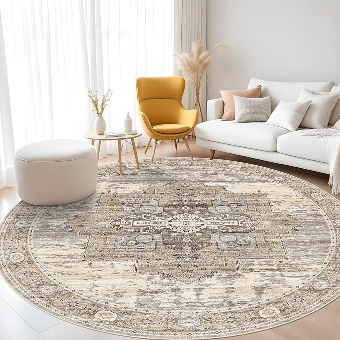 RUUGME Washable 6 ft Round Rug - Boho Rugs for Living Room Stain Resistant Carpet Vintage Tribal Rugs for Bedroom Kitchen Dining Room with Non Slip Backing Home Decor Floor Decoration Mat 6ft Beige