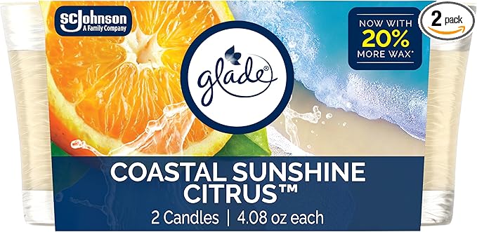 Glade 1-Wick Scented Candle Jar, Coastal Sunshine Citrus, Air Freshener Infused with Essential Oils, 4.08 Oz, 2 Count