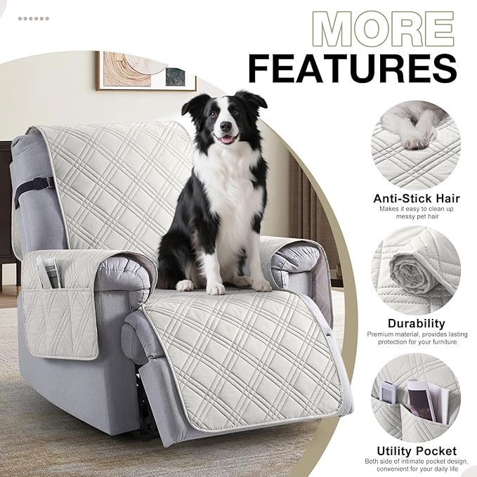 TAOCOCO 100% Waterproof Recliner Chair Covers, Non Slip Recliner Covers for Recliner Chair with Pocket, Washable Reclining Chair Cover Furniture Protector for Kids,Dogs(22'', Off White)