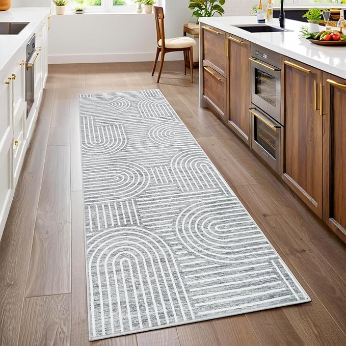 Modern Rug 2x6 Runners for Hallways, Abstract Kitchen Runner Rugs Non Slip Bath Runner, Rainbow Washable Runner Rug for Bedroom, Soft Long Rugs for Entryway Bathroom Laundry Dorm, Ash