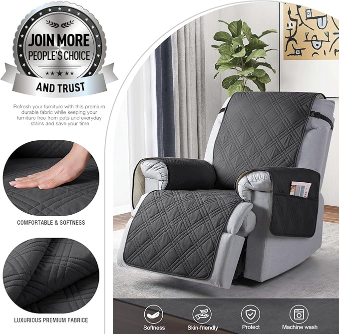 TAOCOCO 100% Waterproof Recliner Chair Cover, Recliner Cover Stay in Place for Recliner Chair with Pocket, Reclining Dog Chair Cover Furniture Protector for Kids, Pets(23.6'', Charcoal Gray)