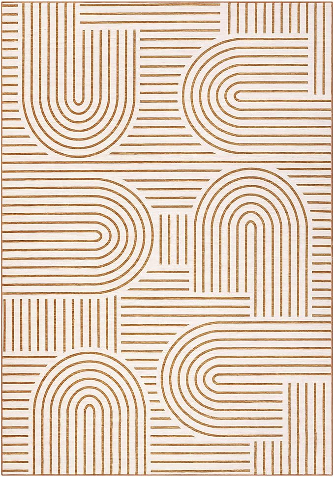 ROYHOME Washable Rug 3x5 Area Rugs for Living Room, Abstract Rug for Bedroom, Soft Rainbow Non Slip Throw Rugs with Rubber Back, Low Pile Stain Resistant Boho Geometric Carpet for Dining Room, Orange