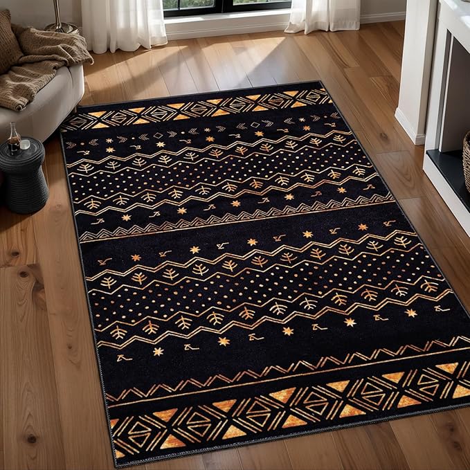 SERISSA 3x5 Area Rugs for Living Room, Washable Non-Slip Black and Gold Small Boho Rug, Soft Low-Pile Geometric Indoor Throw Carpet for Bedroom Kitchen Dining Room Office