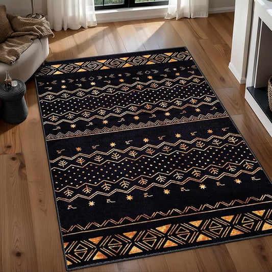 SERISSA 3x5 Area Rugs for Living Room, Washable Non-Slip Black and Gold Small Boho Rug, Soft Low-Pile Geometric Indoor Throw Carpet for Bedroom Kitchen Dining Room Office