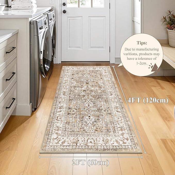LOKHOM Washable Entryway Runner Rugs, 2x4 Non-Slip Vintage Soft Small Area Rug, Boho Floral Kitchen Runner Carpet Door Mat Indoor Entrance Accent Throw Rugs for Bedroom Laundry (Beige Brown)
