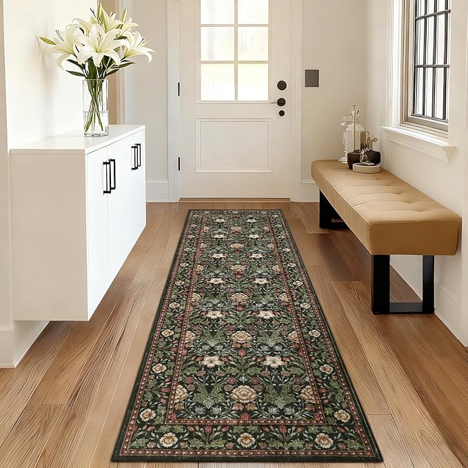 GarveeHome Washable Runner Rug 2x6, Non Slip Floral Kitchen Runner for Hallway Entryway Forest Green Laundry Bathroom Mat Farmhouse Thin Stain Resistant Carpet for Bedroom Beside Rug