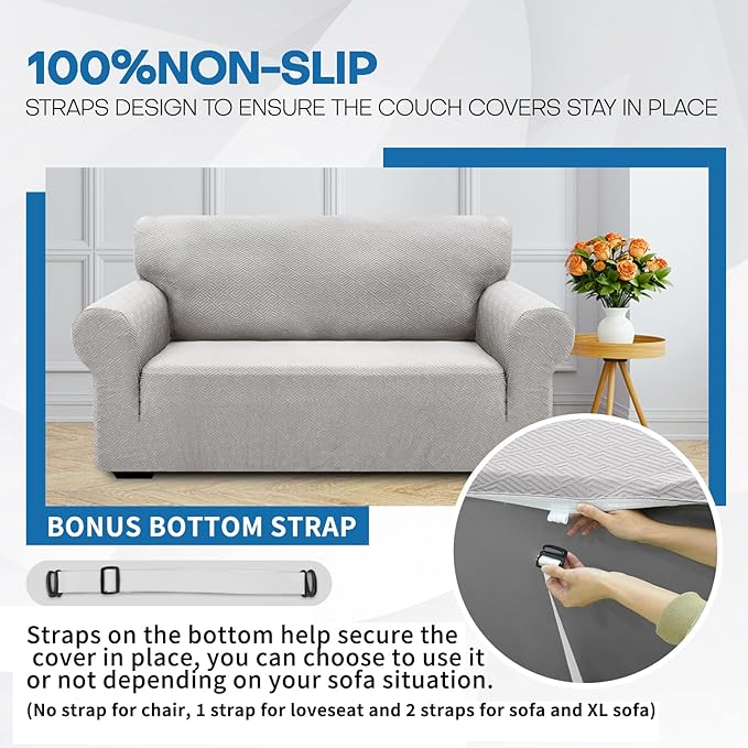 XINEAGE New Extra Large Couch Cover for 3 Cushion Couch (91"-110") 1 Piece Stretch Oversized Sofa Slipcovers Jacquard 4 Seater Furniture Protector Elastic Bottom for Kids,Pet (XL Sofa, Silver Grey)