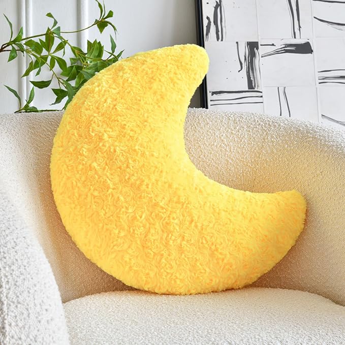 Moon Pillow, Decorative Throw Pillow with Soft Faux Fur for Couch Bed Sofa, Cute Half Moon Pillows with Room Decor for Bedroom Living Room (19 Inches, Yellow)