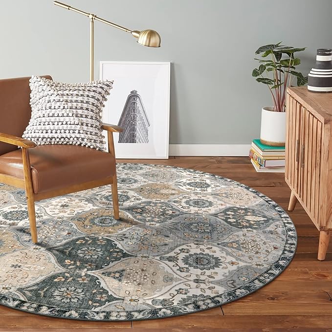Lahome Moroccan Trellis Washable Circle Rug, Round Rug 5ft Soft Non-Slip, Non-Shedding Distressed Round Carpet for Bedroom Living Room Bathroom Nursery Kitchen Elise, Grey