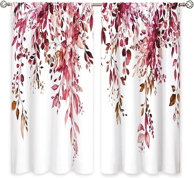 Burgundy Eucalyptus Leaves Window Curtains Rustic Watercolor Red Flower Floral Plant Botanical Farmhouse Curtain Drapes Herb Curtains for Bedroom Living Room Treatment 2 Panels 42Wx63H Inch