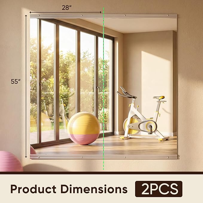 Antok Home Gym Mirror 56"x28" 2PCS, Large Full Length Wall Mounted Mirrors, Frameless Tempered Glass Full Body Mirror for Gym Yoga Dance Studio Garage Bedroom & Bathroom