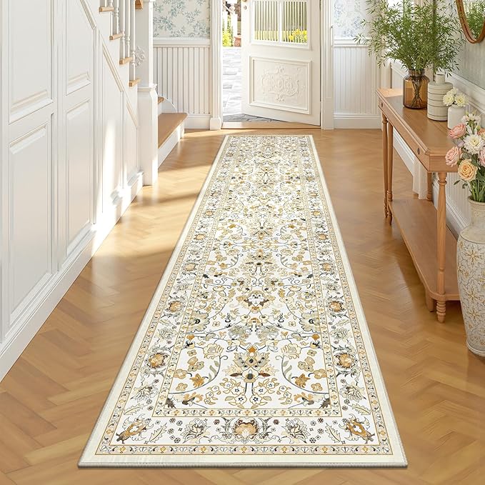 LOKHOM Washable Runner Rug, 2x8 Non-Slip Vintage Hallway Runner Rug with Rubber Backing, Boho Floral Soft Faux Wool Kitchen Rug Carpet Runner for Laundry Entryway Bedroom (Rice Orange)
