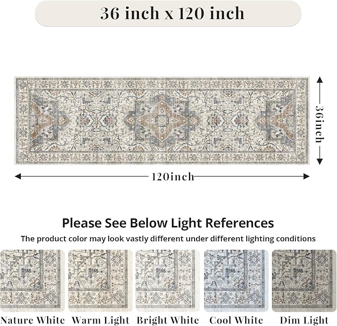 3x10 Non Slip Hallway Runner Rug - Washable Vintage Distressed Kitchen Carpet, Ultra-Thin Soft Low Pile Entryway Mat with Rubber Backing for Bedroom Living Room (Beige/Blue)
