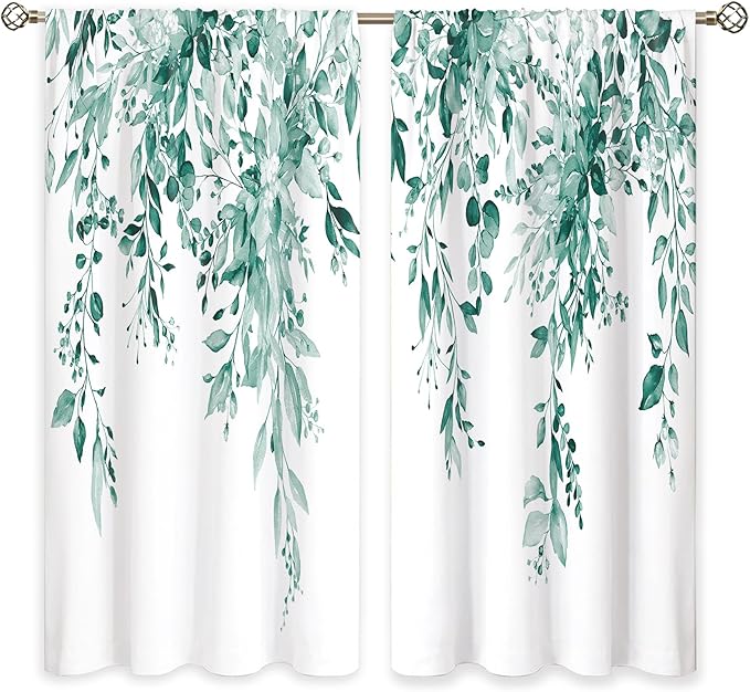Green Teal Eucalyptus Botanical Leaves Floral Window Curtains Watercolor Turquoise Flower Plant Wildflower Farmhouse Curtain Drapes Herb Curtains for Bedroom Living Room Treatment 42Wx45H Inch