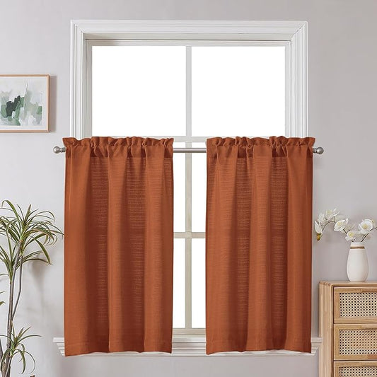 Chyhomenyc 2 Panels Orange Kitchen Curtains 36 Inch Length, Faux Linen Textured Small Cafe Curtain Tiers, Light Filtering Short Window Curtains for Bathroom Basement, 30x36 inch, 2PCS