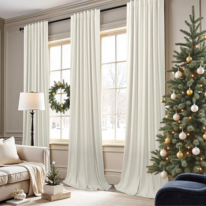 Neutral 80 Inch Nursery Blackout Curtains for Bedroom 80 Inches Long 2 Panel Thermal Curtain for Summer Heat Blocking Linen Textured Custom Made Drapes Pleated Back Tab Rustic Ceiling to Floor Length