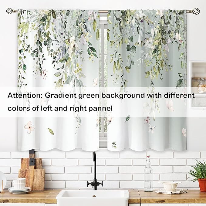 Sage Eucalyptus Botanical Leaves Floral Window Curtains Butterfly Farmhouse Flower Leaf Rod Pocket Sage Green Curtain Drapes Curtains for Bedroom Living Room Treatment 2 Panels 42Wx45H Inch