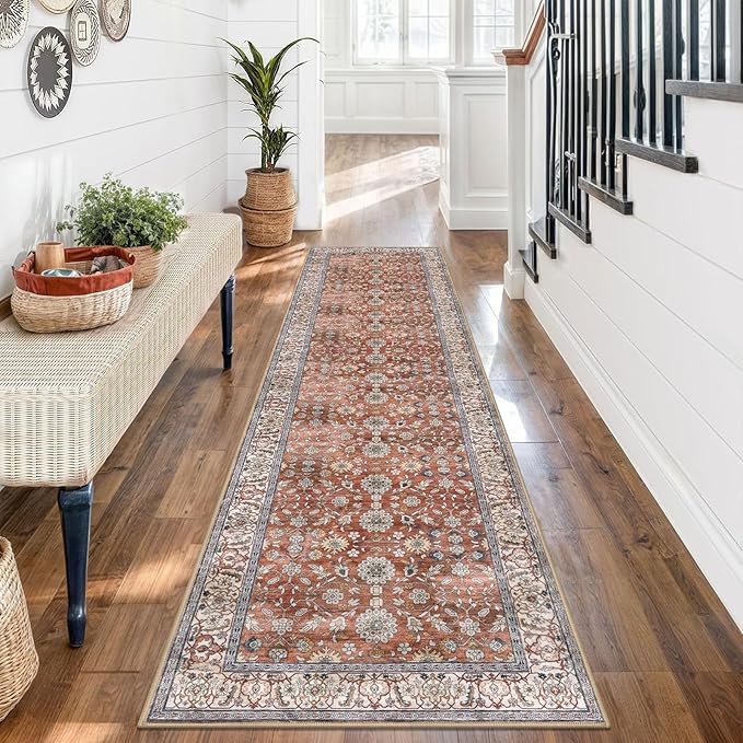 KUTA Vintage Washable Runner Rug, 2x7 Red Clay Runners for Hallways Non-Slip Kitchen Rugs Ultra Thin Soft Printed Distressed Oriental Floral Floor Carpet for Laundry Bedroom Living Room Nursery