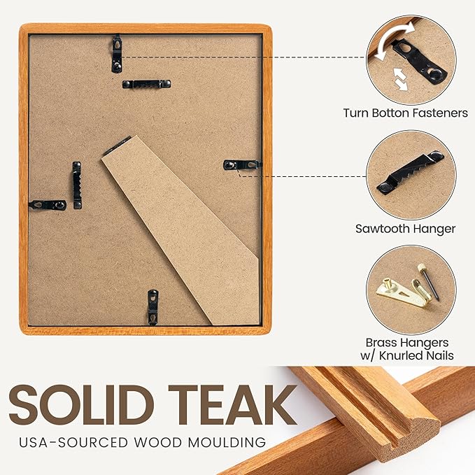 8.5 by 11 Picture Frame, USA-Sourced Teak Wood Photo Frame with HD Tempered Glass, Handcrafted Rounded Corner 8.5 x 11 Picture Wooden Frames Matted to 6x8 Photos, Tabletop or Wall Display, 2 Pack
