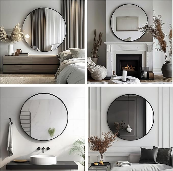 Sunniry Black Circle Mirror, Round Bathroom Mirror 20 inch, Round Wall Mirror Metal Frame, Circle Mirrors for Bathroom, Vanity, Bedroom, Hallway.