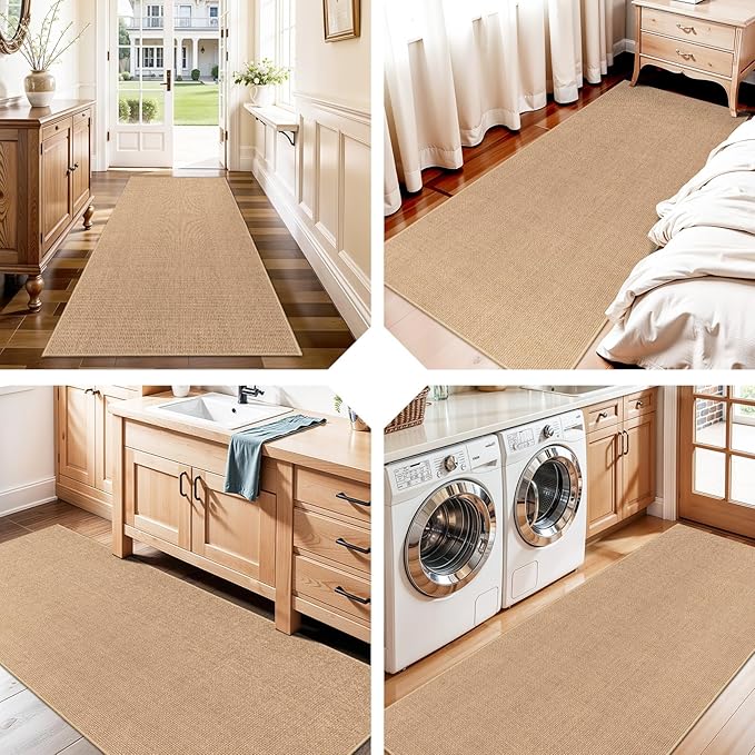 2x6 Jute Woven Runner Rug: Non-Slip Backing Solid Color Pattern - Easy Clean Carpet for Hallway Kitchen - Washable Thin Indoor Rugs for High Traffic Areas Farmhouse Home Decor (Beige,2x6)