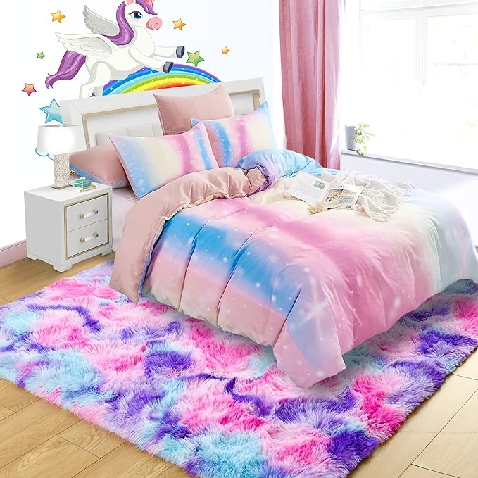 Noahas 4x6 Fluffy Kids Rugs for Room,Soft Hot Pink and Purple Tie-Dyed Rainbow Rug for Girls Bedroom,Soft Colorful Playroom Shag Nursery Carpets Room Decor