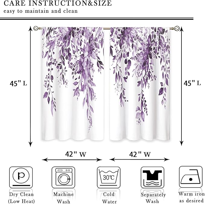 Purple Eucalyptus Botanical Leaves Floral Window Curtains Watercolor Flower Plant Wildflower Farmhouse Rustic Curtain Drapes Herb Curtains for Bedroom Living Room Treatment 42Wx45H Inch