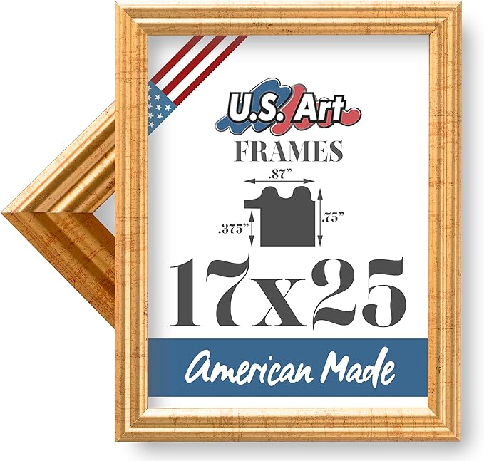 17x25 Antique Gold 0.87 Inch Wood Picture Frame, Solid Wood Wall Decor for Wall Art, Featuring Preinstalled Hangers, UV Filtering Shatterproof Plexiglass, 100% American Made Poster Frame