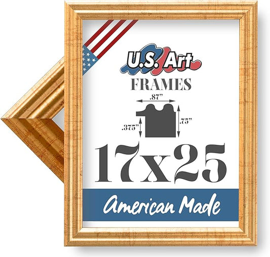 17x25 Antique Gold 0.87 Inch Wood Picture Frame, Solid Wood Wall Decor for Wall Art, Featuring Preinstalled Hangers, UV Filtering Shatterproof Plexiglass, 100% American Made Poster Frame