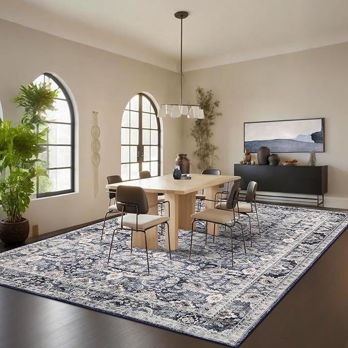 GarveeHome Washable Rugs for Living Room 9x12 Vintage Neutral Area Rug, Ultra Soft Low Pile Oriental Floral Carpet, Non Slip & Stain Resistant Retro Floor Mats for Home Decor, Blue Grey