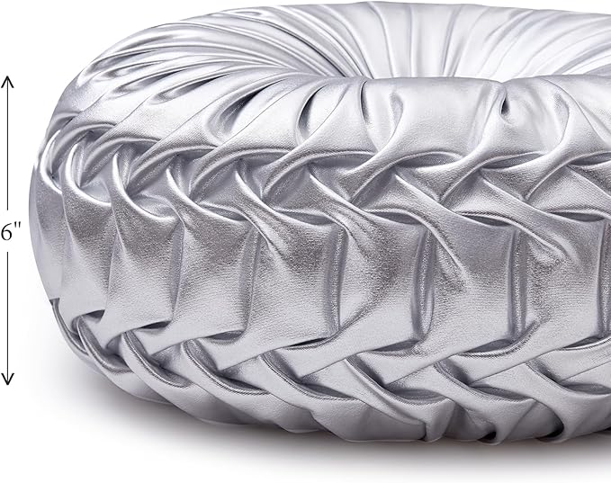 EUCIOR Round Throw Pillows,Pumpkin Pleated Handmade Metallic Throw Pillows,Silver Pillows,Modern Leather Decorative Pillowcases for Home Decor Bedroom Living Room Couch Bed Sofa (Silver)