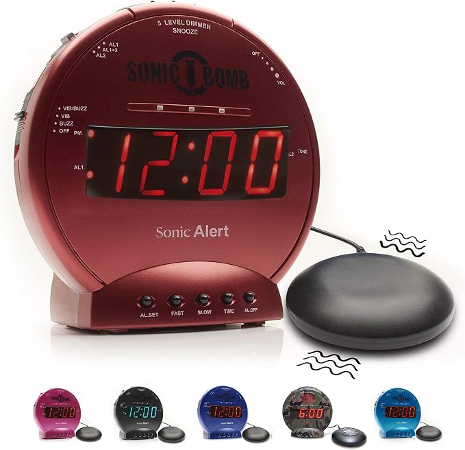 Sonic Alert Sonic Bomb Dual Alarm Clock with Bed Shaker, Red Vibrating Alarm Clock Heavy Sleepers, Battery Backup | Wake with a Shake by SonicAlert
