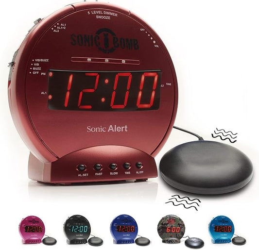 Sonic Alert Sonic Bomb Dual Alarm Clock with Bed Shaker, Red Vibrating Alarm Clock Heavy Sleepers, Battery Backup | Wake with a Shake by SonicAlert